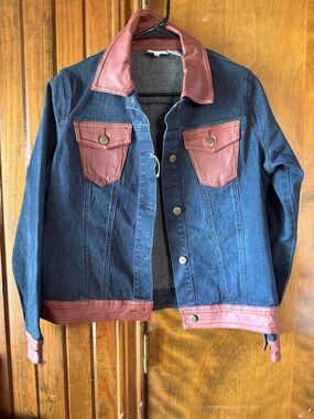 Diane Gilman Dark Blue Denim Jacket with Brown Leather Trim
